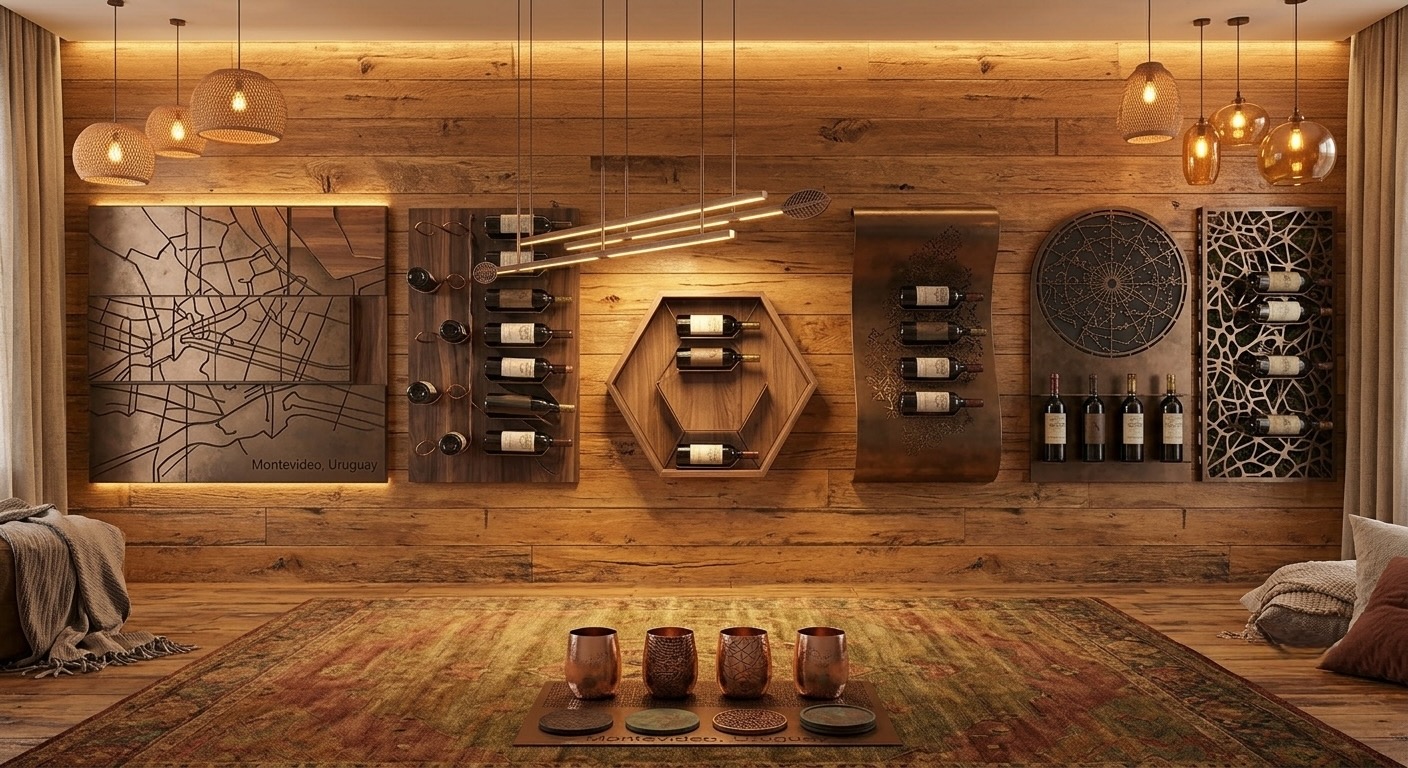 Portavinos metálico de pared con diseño en corte láser