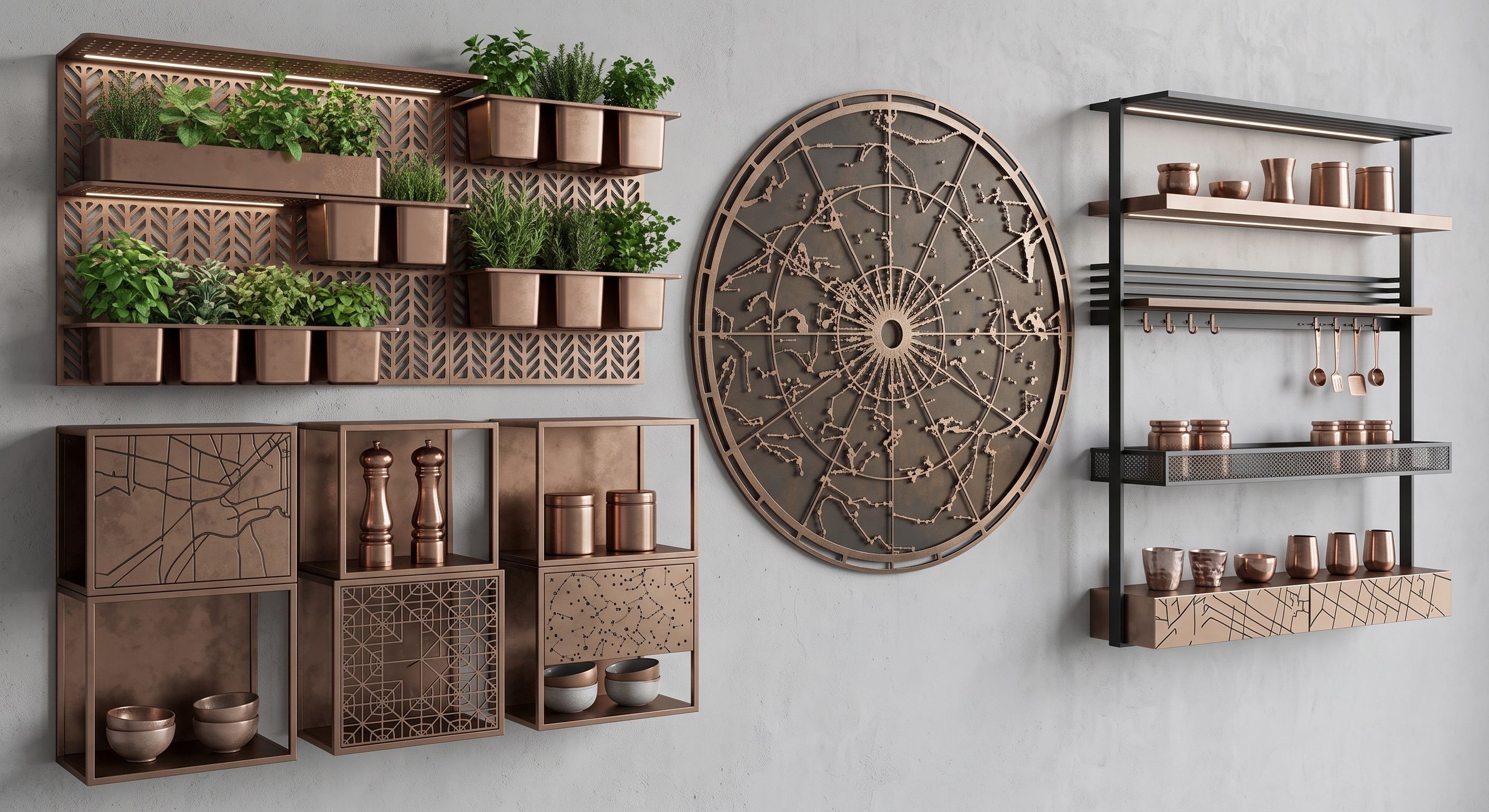 Repisas metálicas con diseño en corte láser para cocina
