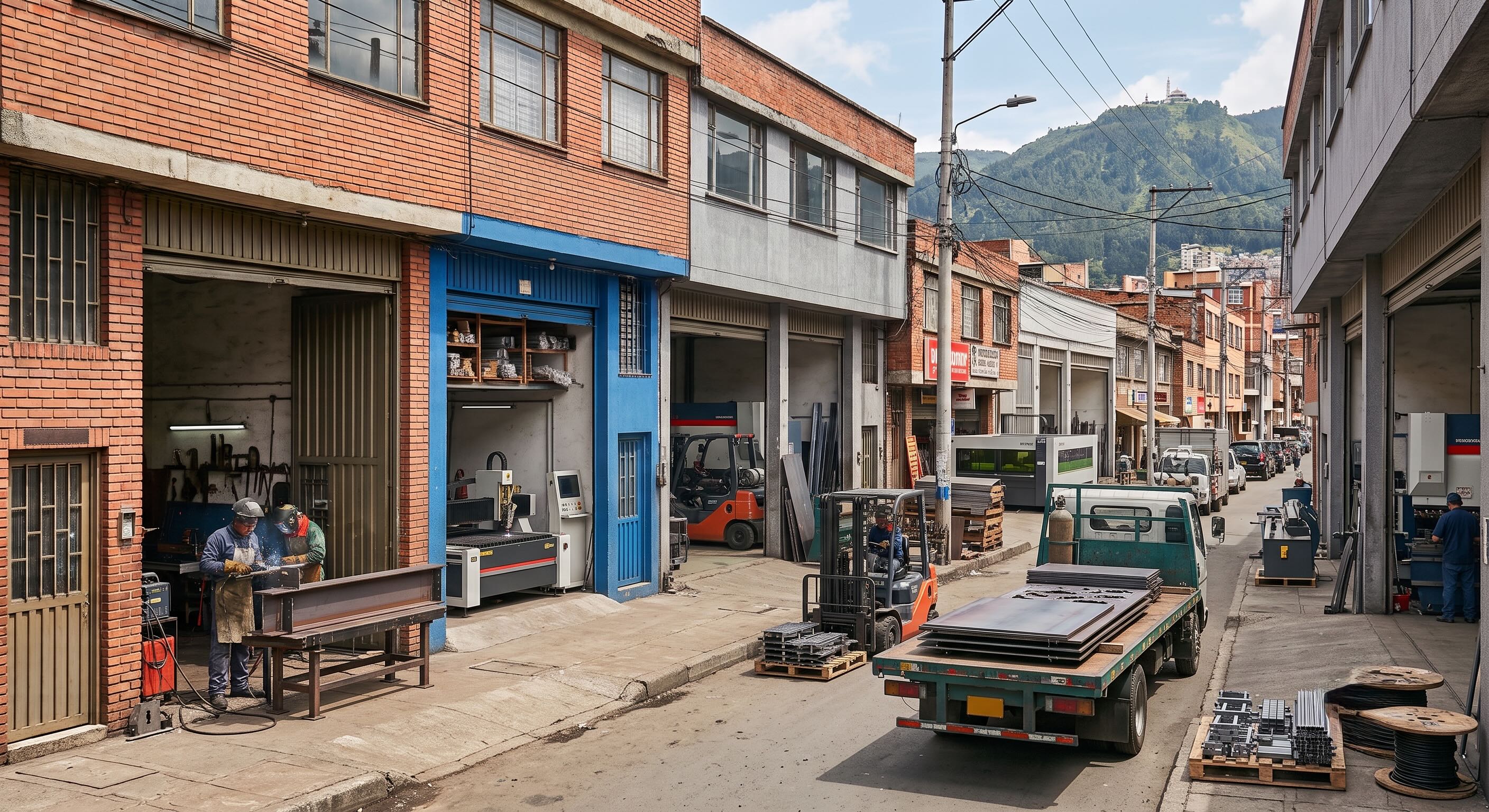 Calle del barrio Ricaurte en Bogotá con talleres metalmecánicos